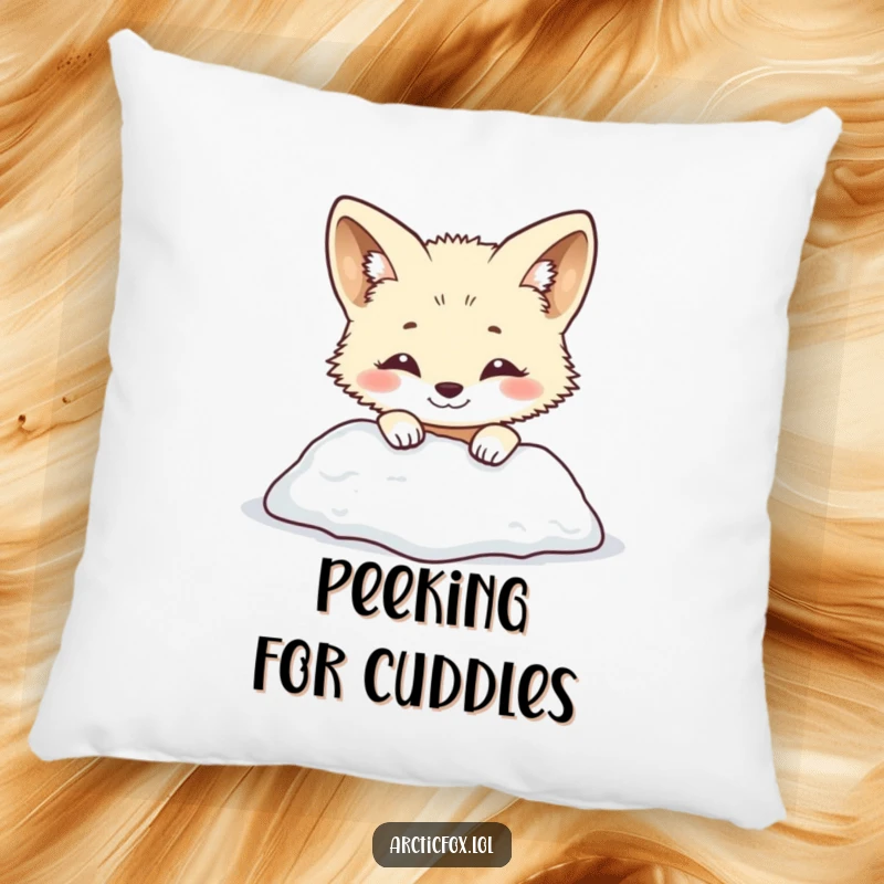 Funny arctic fox pillow featuring a smiling creature playfully peeking from behind a snowy mound. Cozy, cute, and humorous winter animal decor, great funny gift.
