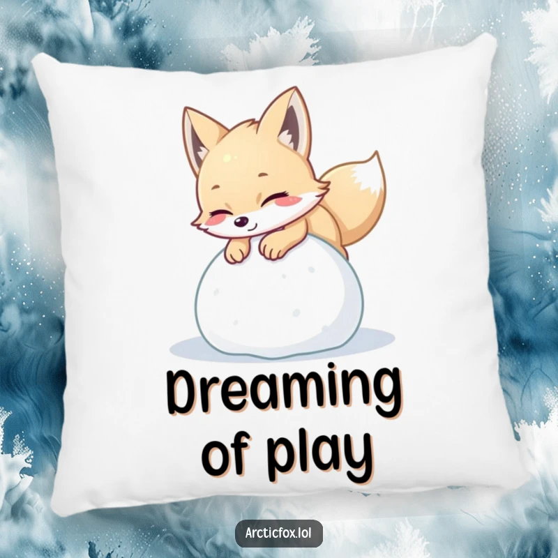 Funny arctic fox pillow featuring a playful creature pouncing with delight on a ball of soft snow, perfect for cozy, energetic vibes.