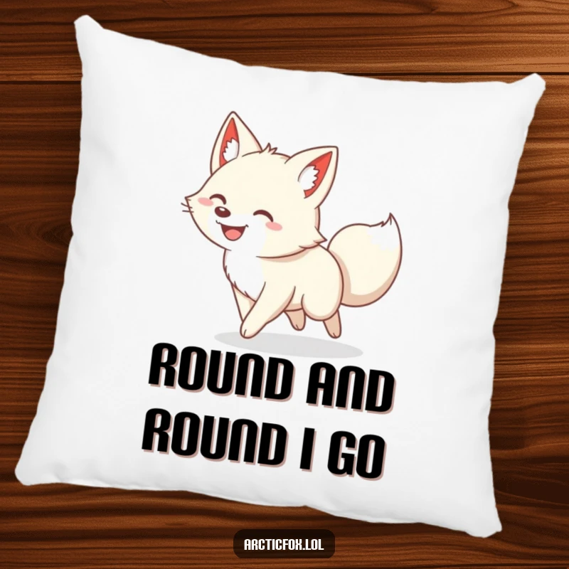 Funny pillow showcasing a beaming arctic fox enthusiastically spinning around while trying to catch its own fluffy tail.