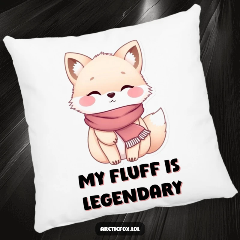 Funny chubby arctic fox wearing a tiny scarf, radiating coziness on a soft decorative pillow.