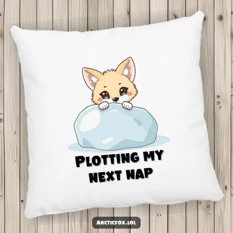 Funny Pillow: A curious arctic fox with wide, expressive eyes peeks from behind an icy boulder, offering comfort and humor.