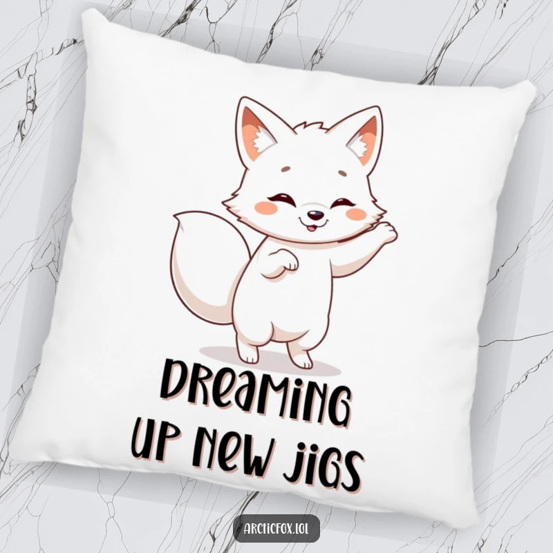 Funny Arctic fox pillow, showing a happy fox dancing with its tail wagging, perfect for adding fun to any space.