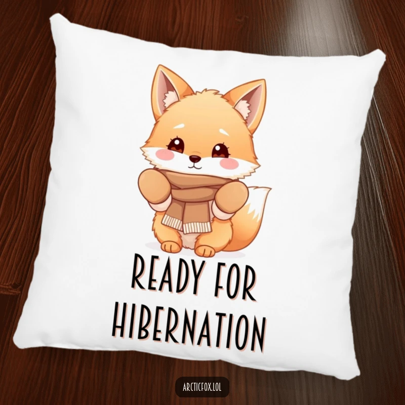 Funny Fluffy Fox Pillow depicting a cute fox character in cozy mittens and a scarf, perfect for adding winter comfort and charm.