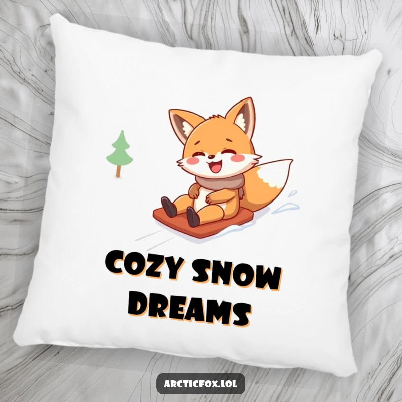 Funny pillow with a cute fox character giggling with delight as it slides down a snowy hill, bringing cozy winter humor.