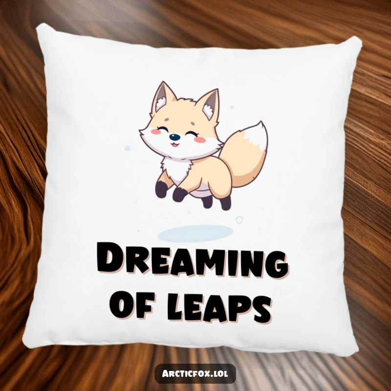 Funny happy arctic fox captured mid-leap in the snow, adding playful charm to a comfortable pillow.