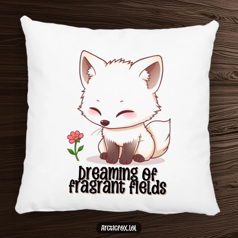 Funny kawaii arctic fox curiously sniffing a tiny single bloom, featured on a soft and comfy throw pillow.