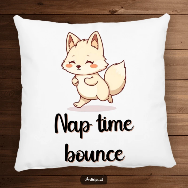 Funny Kawaii Arctic Fox Pillow showing a happy little hop, perfect for adding comfort and humor.