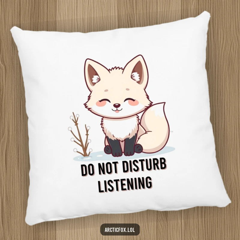 Funny Kawaii arctic fox with ears up, listening, a soft and amusing pillow.