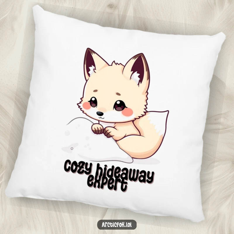 Funny Kawaii Arctic Fox Pillow, peeking from snowy drift, ears perked, soft decorative cushion, humorous arctic animal design, fantastic funny gift