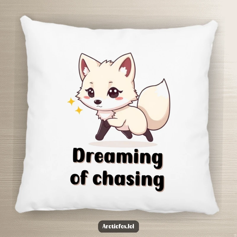 Funny pillow designed with a playful Arctic fox energetically chasing its tail, adding a touch of fun and movement to decor.