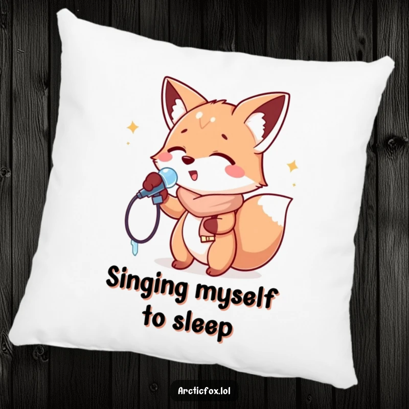 Funny Pillow: A fox singing with gusto into an icicle microphone, perfect for adding musical comfort and humor.