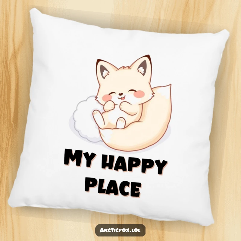 Funny pillow showing an arctic fox blissfully rolling on its back in a mound of soft, pristine white snow.