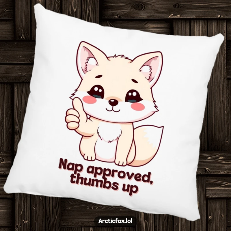 Funny kawaii arctic fox giving a cheerful thumbs up with its paw, featured on a soft and comfy throw pillow.