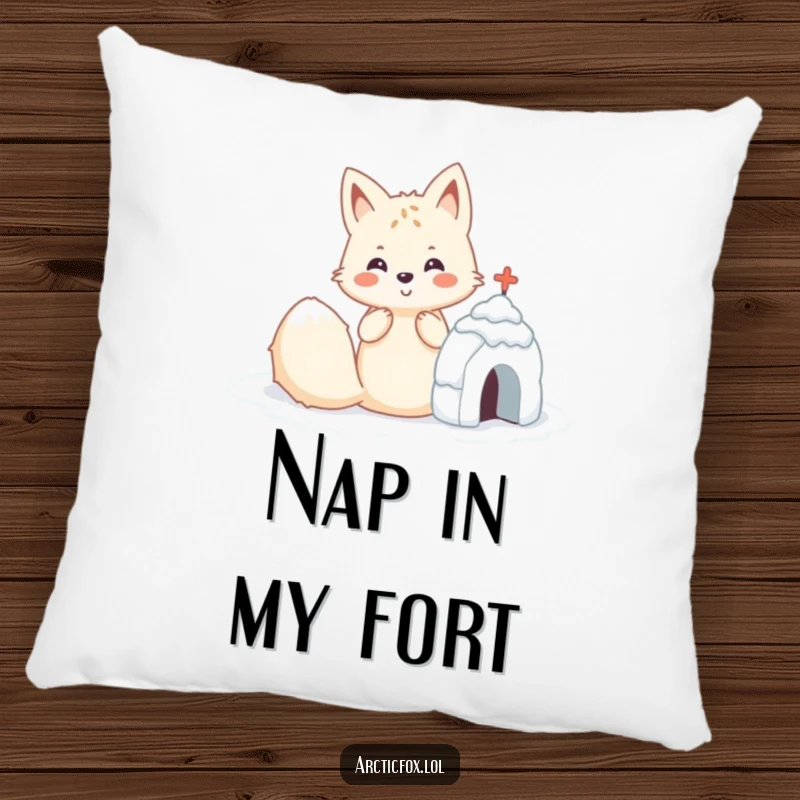 Funny Kawaii arctic fox building a small snow fort, a soft and amusing pillow.