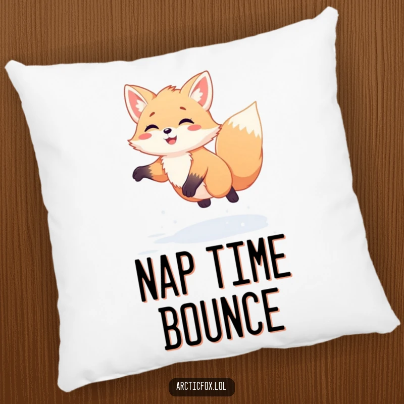Funny Kawaii Arctic Fox Pillow: Soft cushion featuring a cute white fox joyfully jumping in fresh snow, bringing cozy winter humor.