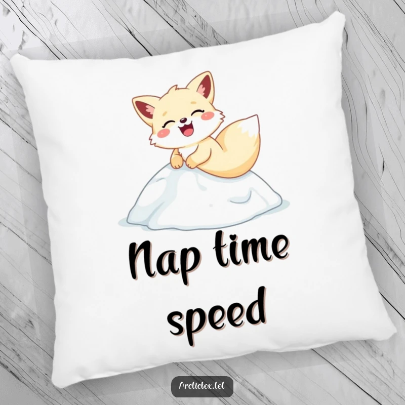 Funny arctic fox pillow, comically sliding and laughing down an icy hill, adding cozy humor to any room.