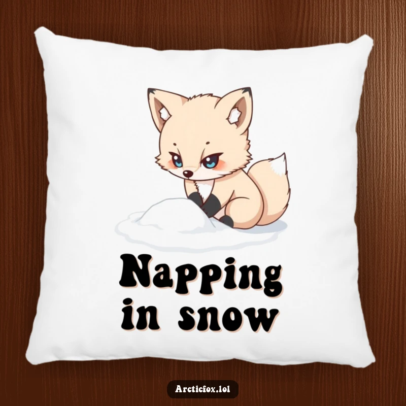 Funny kawaii arctic fox pillow, looking determined while digging in snow, a soft and funny gift for relaxation.
