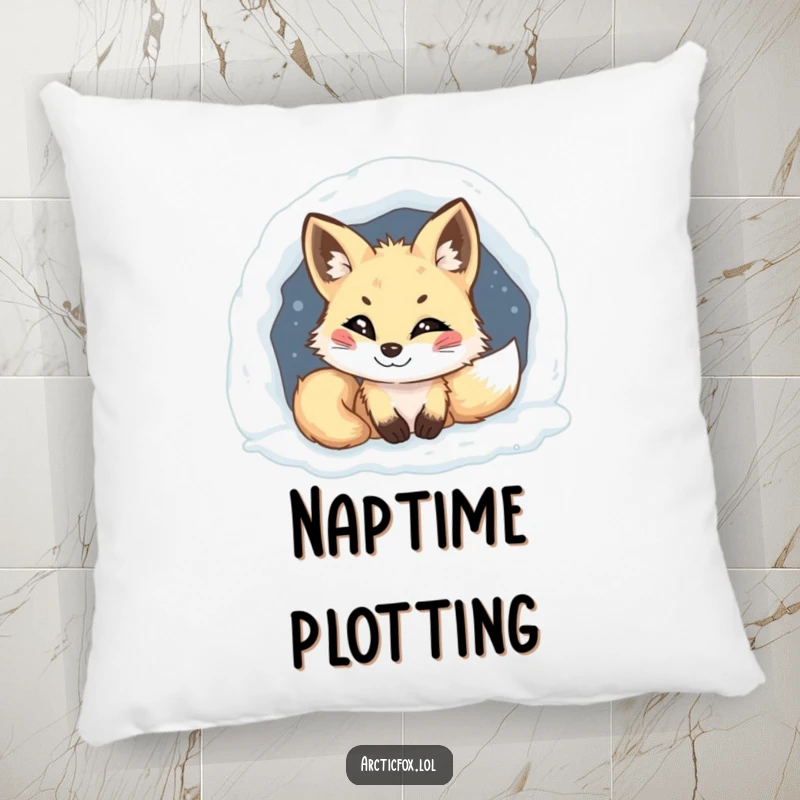 Funny Arctic fox pillow, mischievous grin, peeking from snowy den, soft and humorous decor, perfect for a cozy funny gift.