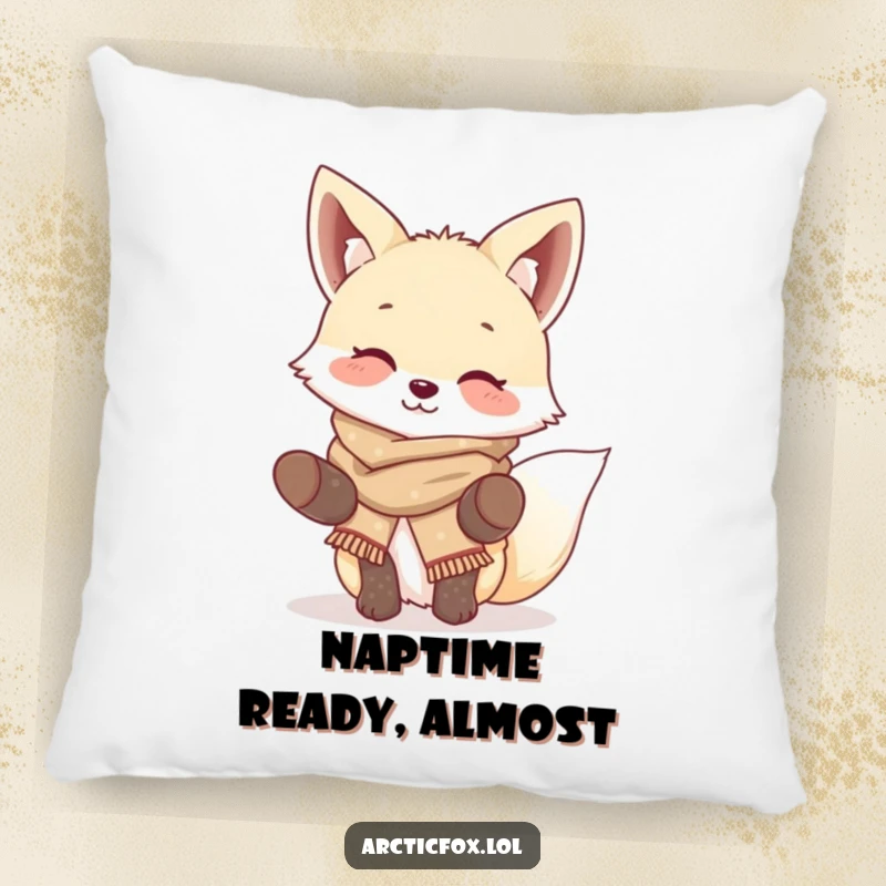 Funny Giggling Fox Pillow: Soft cushion featuring a cute arctic fox in scarf and mittens, bringing cozy humor, a funny gift.