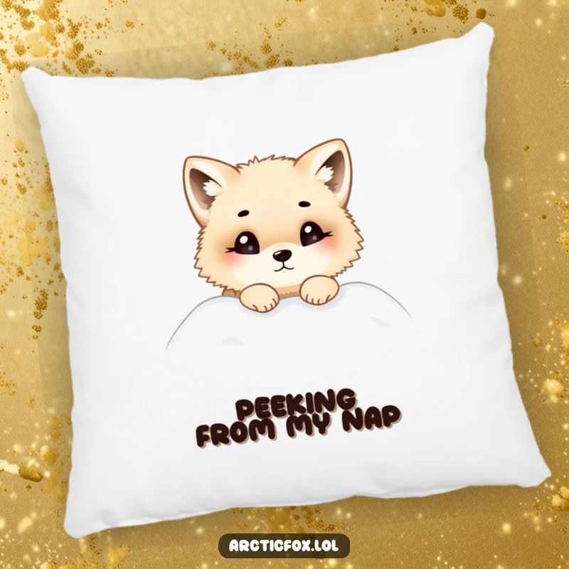 Funny pillow designed with a chubby Arctic fox curiously peeking from a snowdrift, adding a touch of playful charm to any room.