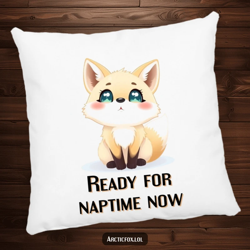 Funny pillow featuring an arctic fox with wide, awestruck eyes, captivated by the soft, silent descent of snowflakes.