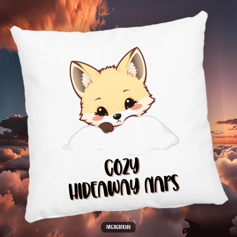 Kawaii Arctic fox with curious eyes peeking from snow, featured on a soft pillow for sweet dreams.
