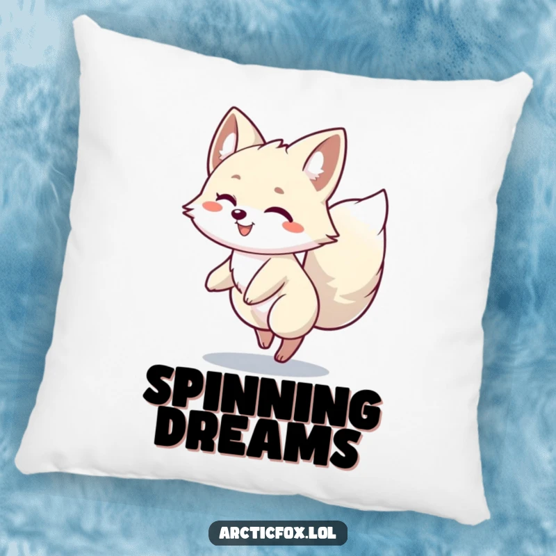 Funny Arctic Fox Spin Pillow: An Arctic fox character happily spinning with its bushy tail, offering plush comfort and cheerful fun.