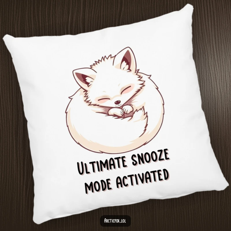 Funny pillow featuring a fluffy, contented Arctic fox curled into a cozy ball, perfect for adding warmth and charm to any seating area.