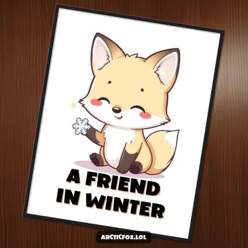 Funny digital art print of a smiling arctic fox extending a friendly paw to a tiny snowflake, symbolizing connection.