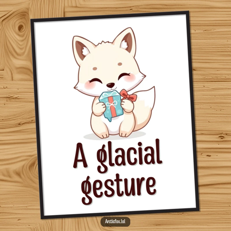 Funny Kawaii Arctic Fox Digital Art: High-resolution art of a white fox humorously offering a shiny icicle as a gift, ready for digital display.