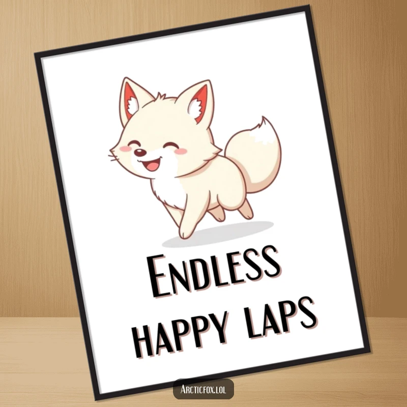 Funny digital art print of a joyful arctic fox with a huge grin, comically chasing its tail in a happy, dizzying spin.