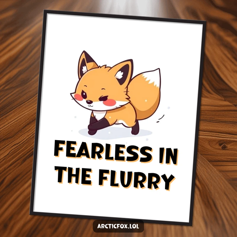 Funny digital art print of a determined arctic fox bravely navigating through a gentle, picturesque snow flurry.