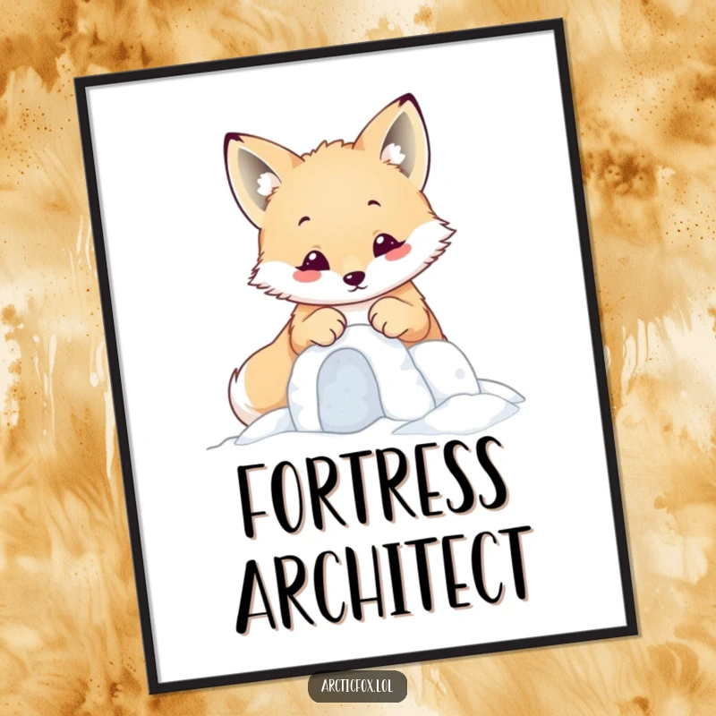 Funny kawaii arctic fox building a tiny snow fort with its paws, available as an instant digital art print.