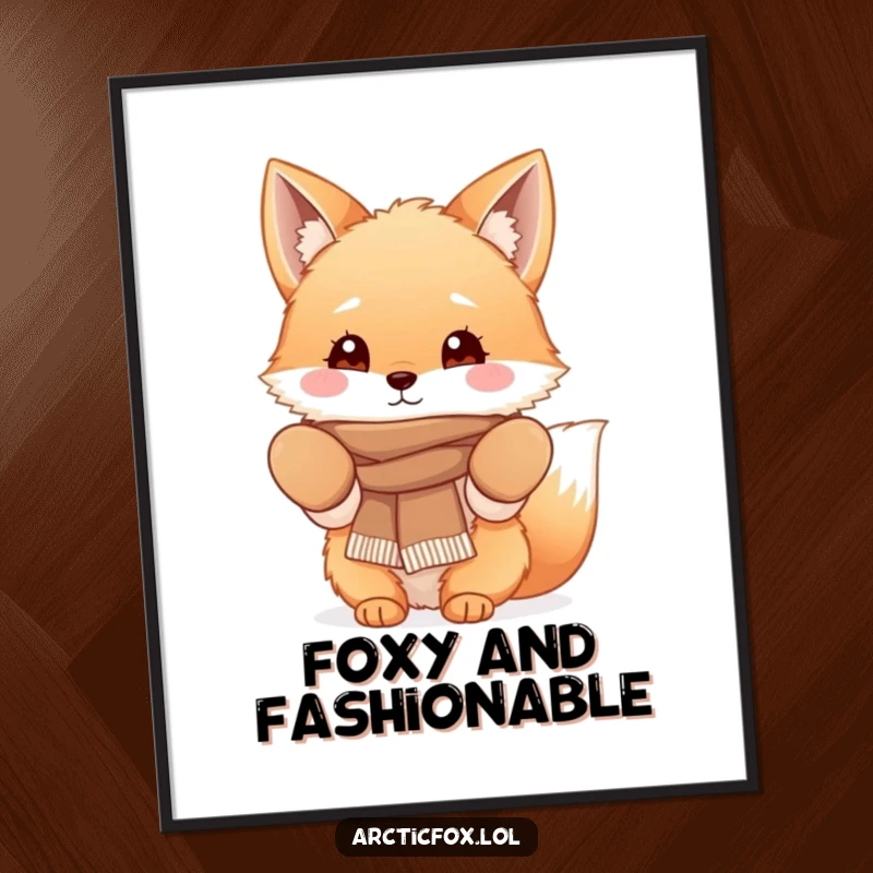 Funny Fluffy Fox Digital Art Print of a cute fox character wearing cozy mittens and a scarf, perfect for cozy winter decor.
