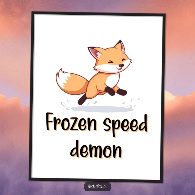 Funny Arctic Fox Digital Art Print: Energetic fox kicking snow, high-resolution download for instant wall decor, a great funny gift.