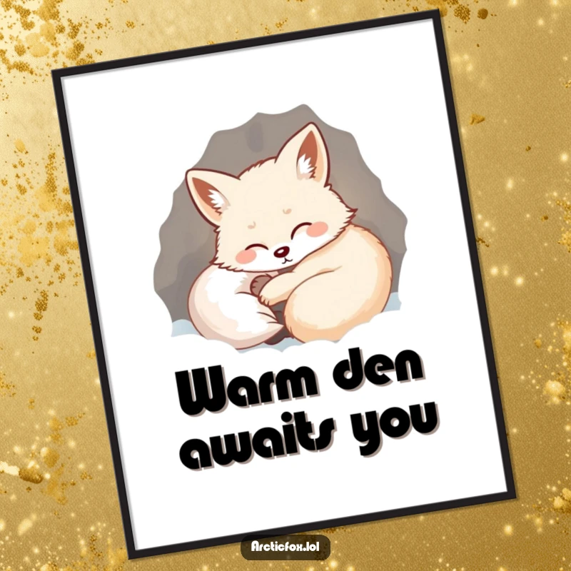 Funny digital art print of a happy arctic fox curled in a warm, snow-lined den, exhaling a contented sigh.