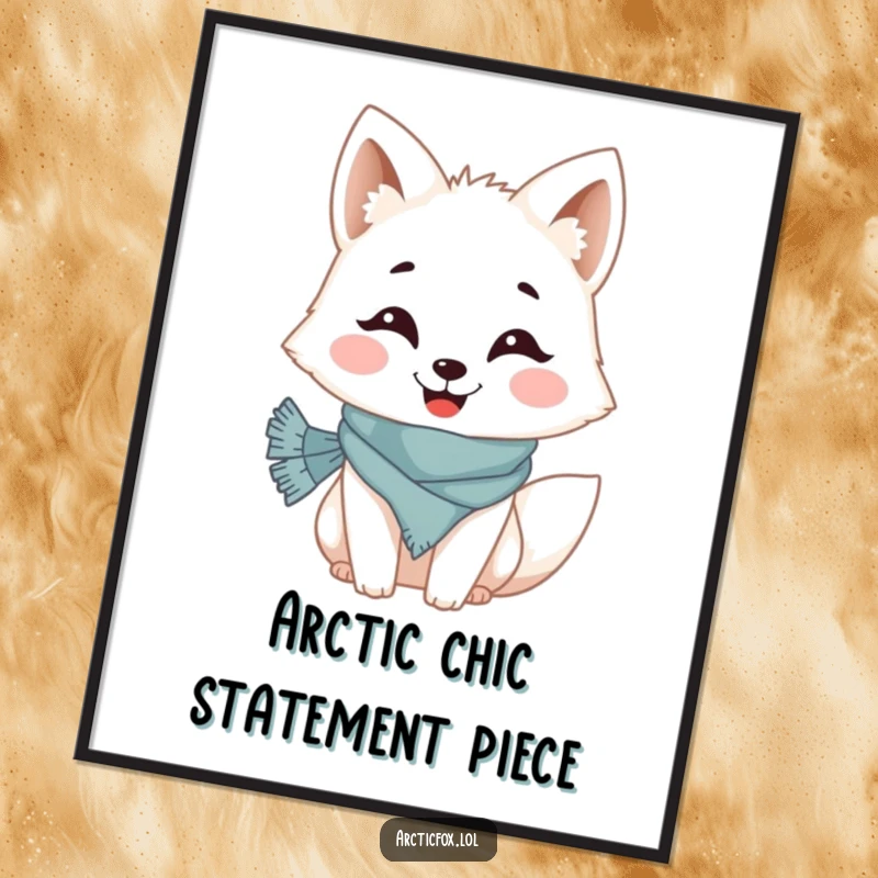 Funny digital art print of a happy Arctic fox wearing a small scarf and showing off a wide, cheerful grin, perfect for framing.