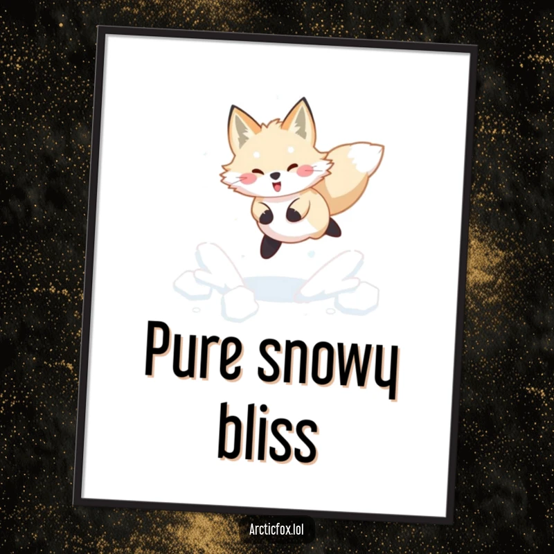 Funny Arctic fox digital art print showing a joyful leap through fresh, powdery snow, full of winter humor.
