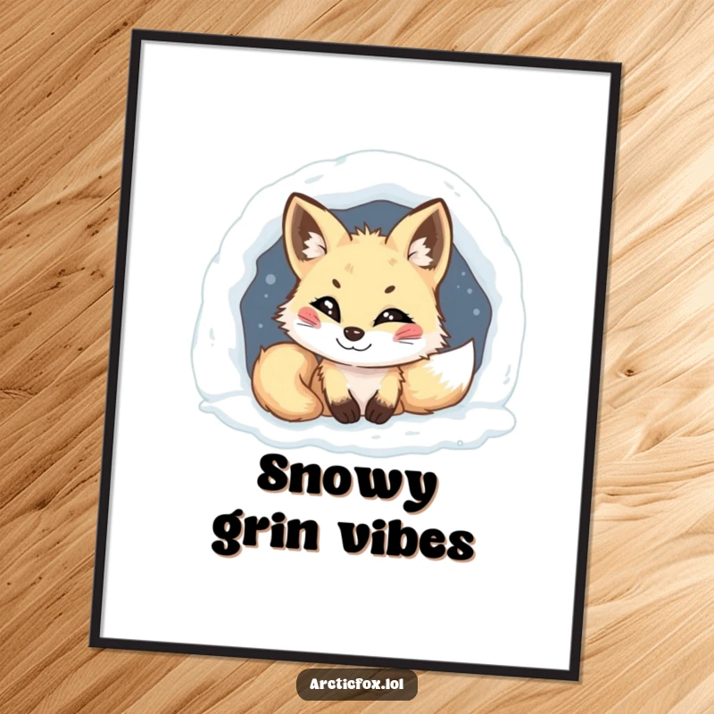 Funny Arctic fox digital art print, mischievous grin, peeking from snowy den, instant download, humorous and witty decor.