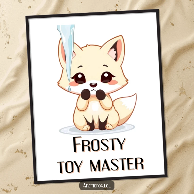 Funny arctic fox playfully batting at a dangling icicle with its paw, available as an instant digital art print.