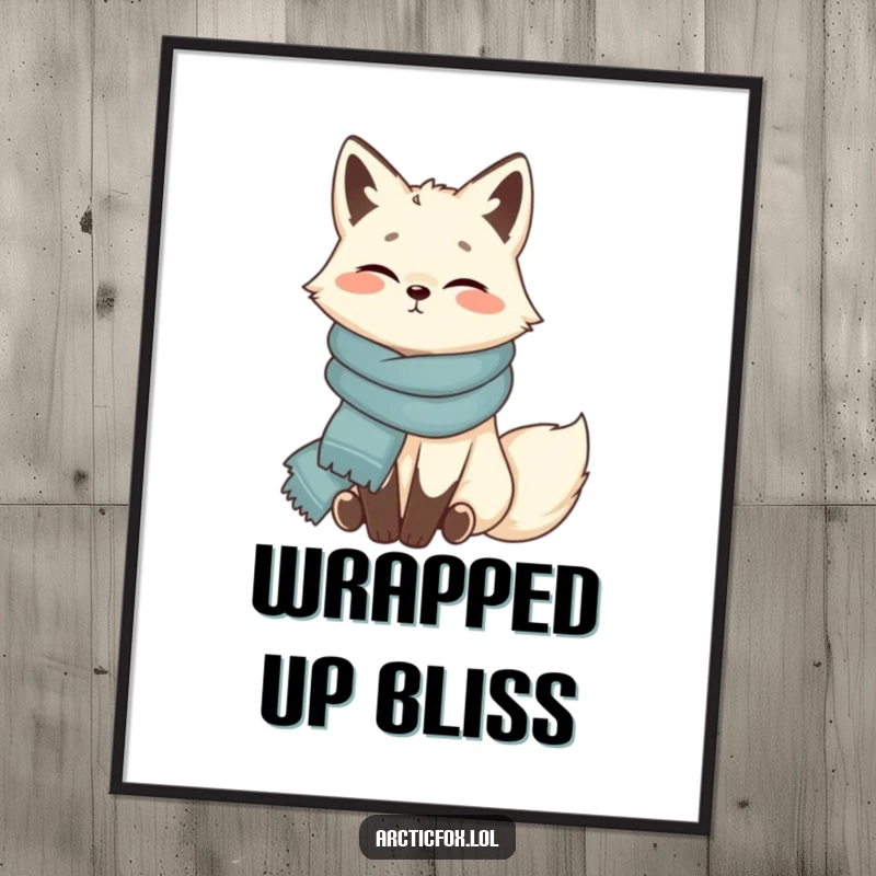 Funny Arctic fox digital art print, contentedly wrapped in scarf, cozy and warm, instant download, serene and charming.