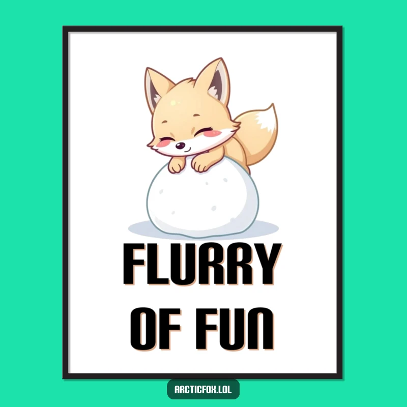 Funny Arctic Fox Snow Ball Digital Art: Playful Fox Print for Instant Winter Fun