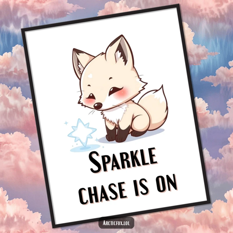 Funny Arctic fox digital art print, playfully chasing snowflake, joyful winter scene, instant download, whimsical and charming.