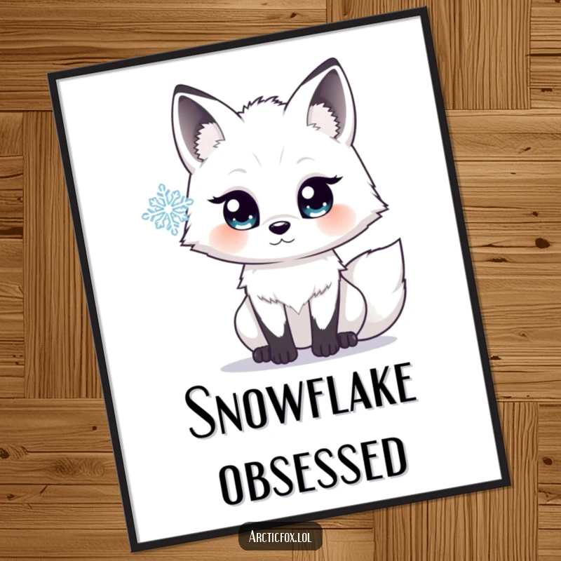 Funny digital art print of an arctic fox with wide, sparkling eyes, intently observing a single, intricate snowflake in quiet awe.