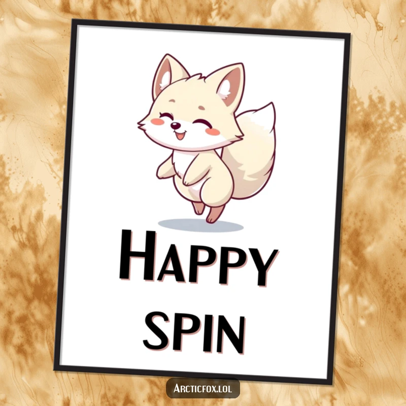 Funny Arctic Fox Spin Digital Art Print: An Arctic fox character joyfully spinning with its bushy tail, perfect for vibrant, happy decor.