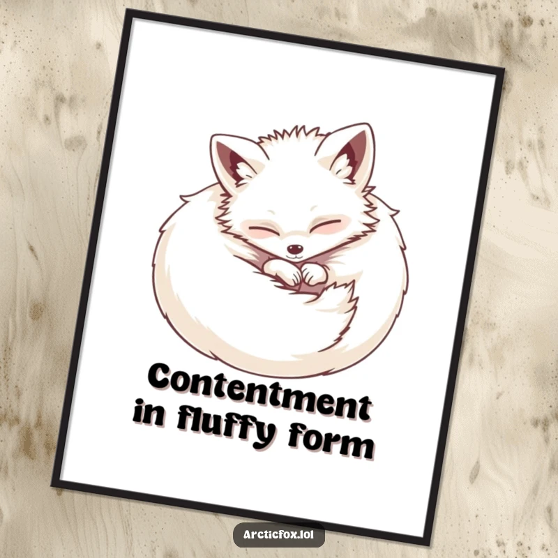 Funny digital art print of a fluffy Arctic fox curled into a contented ball, perfect for framing and adding cozy charm to any room.