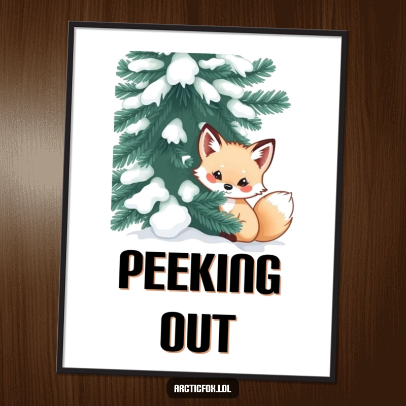 Funny arctic fox digital art print featuring a curious creature peeking from behind a snow-dusted evergreen, perfect for instant winter mystery.