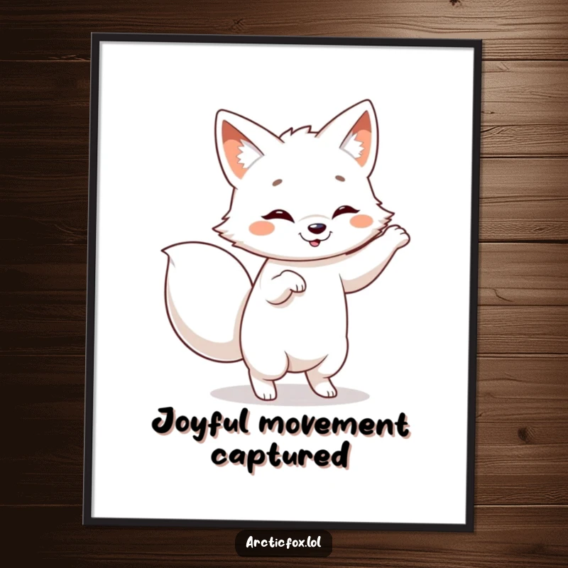 Funny Arctic fox digital art print, showing a fox dancing with a wagging tail, bringing instant playful energy.