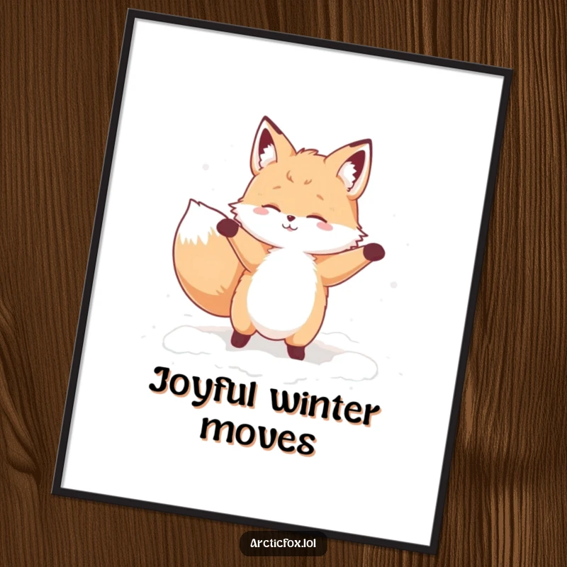 Funny digital art print of a fluffy fox character performing a silly, joyful dance in a pile of soft snow.