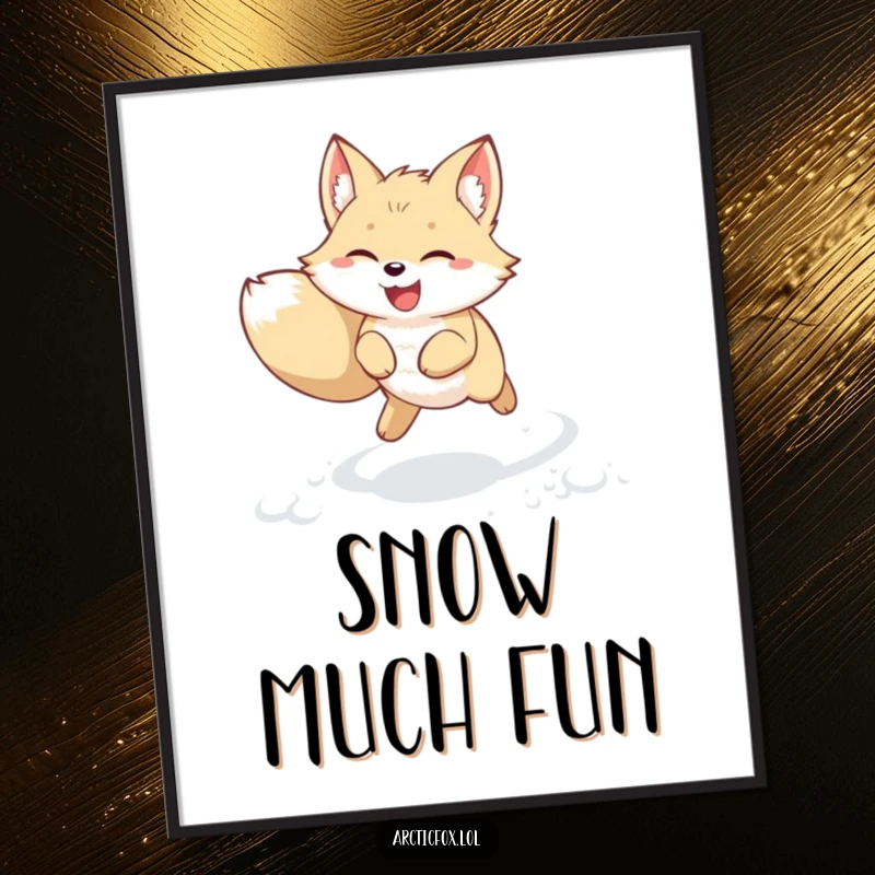 Funny kawaii arctic fox digital art print of a joyful creature leaping through fresh snow with perked ears. Cute and humorous winter animal decor, instant funny gift.